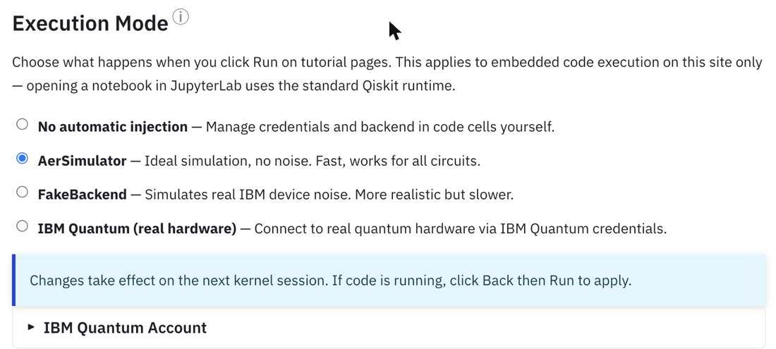 إعداد وضع التنفيذ: AerSimulator أو FakeBackend أو IBM Quantum (أجهزة حقيقية).